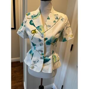Guy Laroche Cotton White Floral Print Short Sleeve Fitted Jacket SZ 38 France